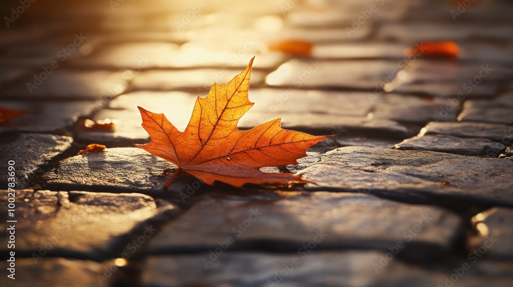 Poster a single maple leaf resting on a cobblestone path bathed in warm golden light - a symbol of autumn's