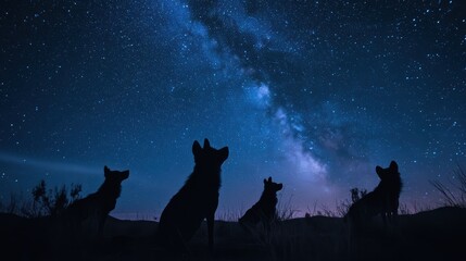 Night Sky with Silhouettes of Wolves Under Stars