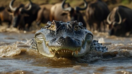 Obraz premium Fierce Crocodile Approaches Prey in River Scene