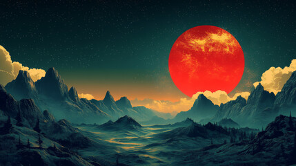A large red sun sets over a mountain range.