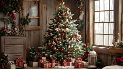 Vintage Christmas tree scene with classic ornaments old fashioned a rustic setting evoking holiday nostalgia and the warm cozy atmosphere of a cabin or cottage during the winter season