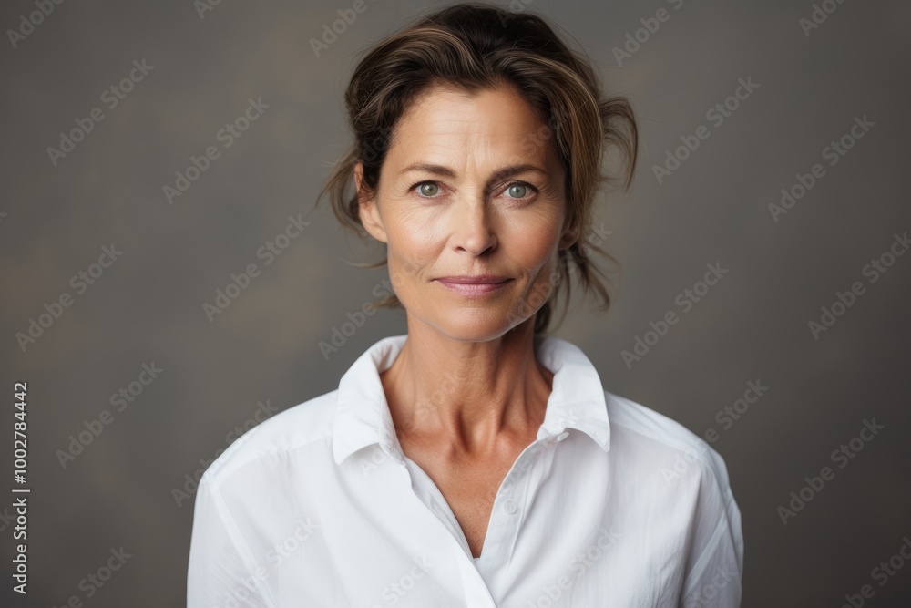 Wall mural Portrait of a tender woman in her 50s wearing a classic white shirt in blank studio backdrop