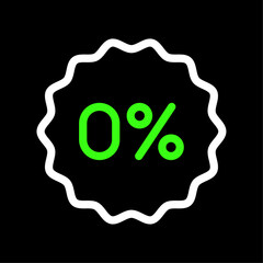 Zero percent, 0% tag, badge, sticker, label vector icon in line style design for website, app, UI, isolated on black background. Editable stroke. Vector illustration.