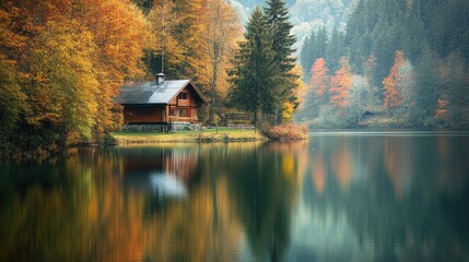 Obraz premium A tranquil lake with a holiday cabin in the distance, no people, and room for text