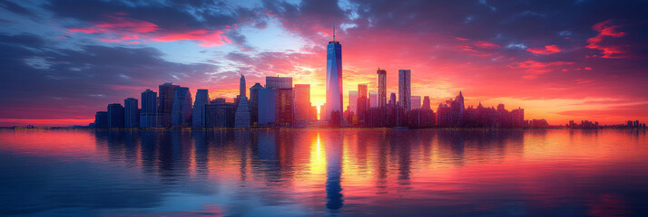 Fototapeta premium Cityscape silhouette with a vibrant sunset.