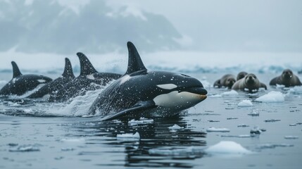 Fototapeta premium Orcas Swimming Through Icy Waters with Seals Nearby