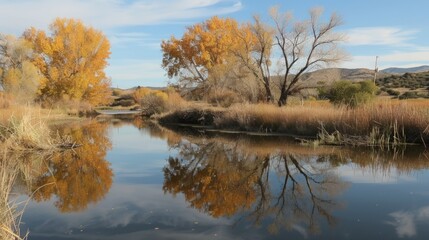 Fototapeta premium Reflective Autumn Landscape with Golden Trees and Calm Water