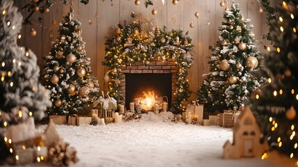 Cozy and festive Christmas scene with a warm fireplace twinkling lights and a snowy winter backdrop creating a magical and inviting atmosphere for capturing joyful holiday memories