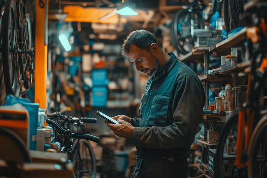A man in a workshop checks his phone while surrounded by bicycles and tools in a small garage setting during evening hours