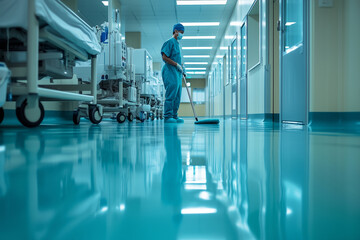 Dedicated cleaner meticulously mops gleaming hospital floor in bright, sterile corridor during daily sanitation efforts