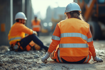 Colleagues assist injured coworker by calling for medical help on a busy construction site during daytime operations