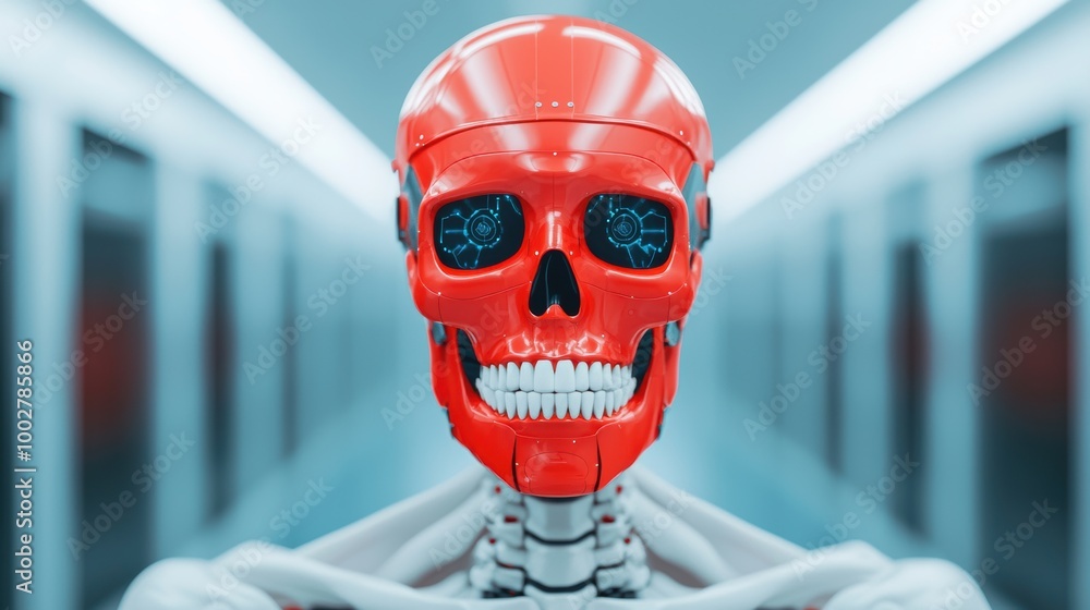 Poster futuristic red robot skull in high-tech environment