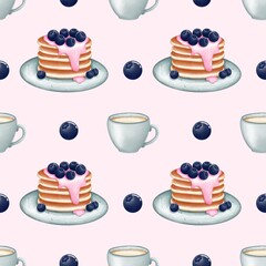 Watercolor seamless pattern cappuccino with pancakes.Hand painting on isolated background. For designers, menu, shop, bar, bistro, restaurant, for postcards.