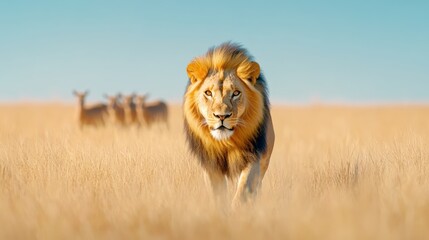 Majestic Lion Approaching in Golden Grassland