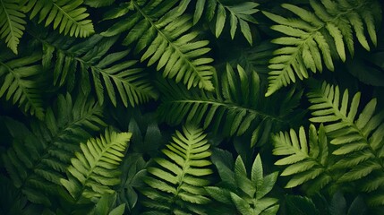 a dense arrangement of green fern leaves. The leaves are layered over each other, creating a lush and textured pattern. The varying shades of green give the image depth and a natural, vibrant feel