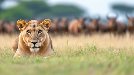 Fototapeta premium Lioness Stalking Prey in African Savanna Environment