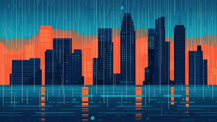Urban cityscape submerged in floodwaters, heavy rain, flat design illustration
