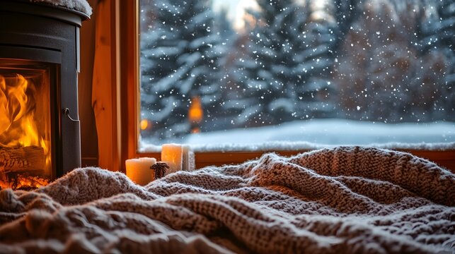 Cozy Christmas snow backdrop with a crackling fire warm blankets and snow falling outside the window creating a warm and inviting holiday atmosphere inside the home