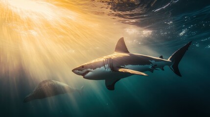 Obraz premium Graceful Shark Swimming in Sunlit Ocean Waters