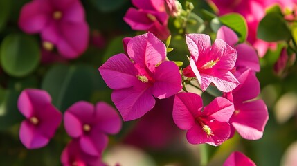 Obraz premium a cluster of vibrant pink flowers with green leaves in the background. The flowers have a papery texture and are likely bougainvillea, known for their bright, colorful bracts surrounding small white f