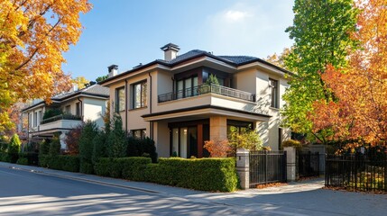 Fototapeta premium Beautiful townhouse on a quiet street, surrounded by trees, with space for text