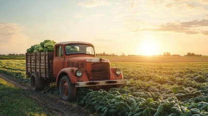 Rustic truck carrying vegetables across a farm field, with the sun setting in the background, symbolizing traditional food transportation.