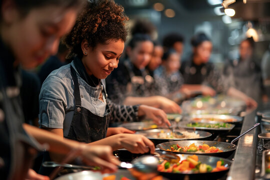 Students in a culinary class cooking together, indoor cooking lesson, enjoying baking and food preparation