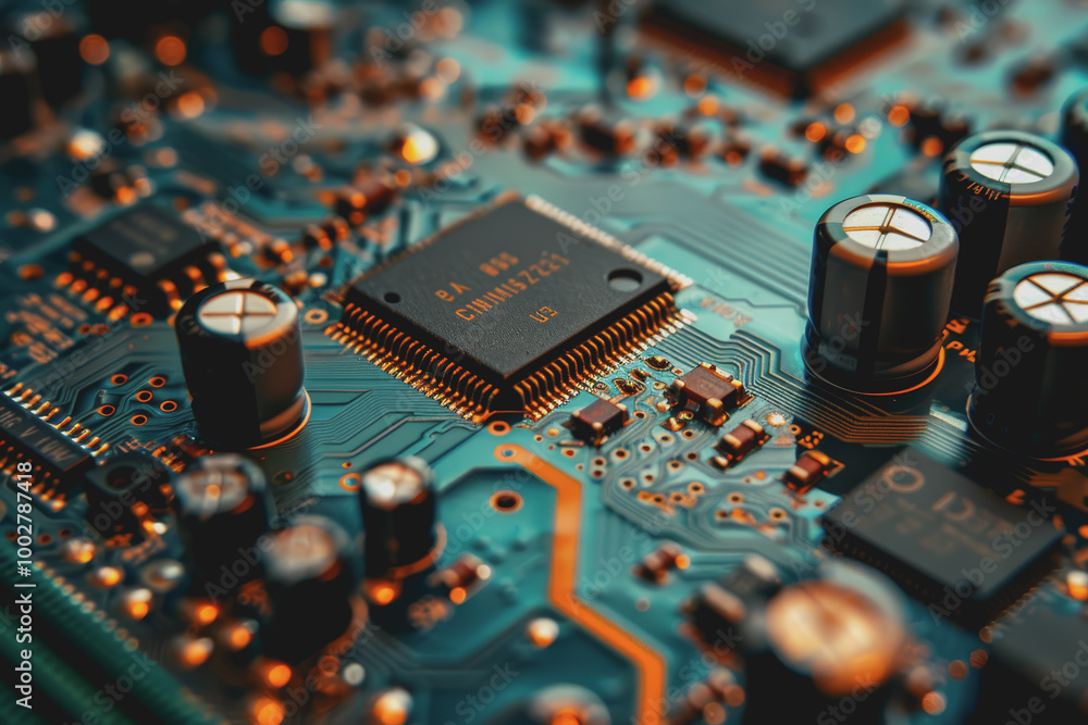 Poster a close-up of a circuit board with many electronic components.