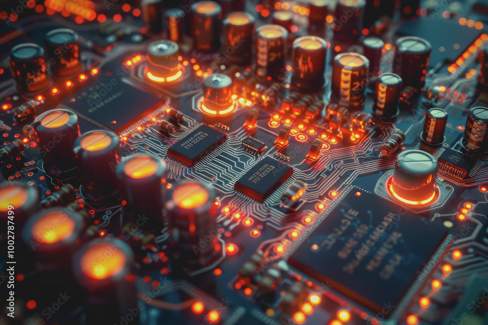 Poster a close-up of a circuit board with many electronic components.