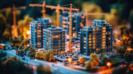 Obraz premium A detailed miniature scene of urban construction featuring cranes, buildings, and trees, showcasing modern architecture.
