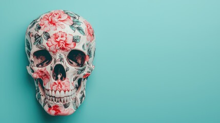 Decorative Skull with Floral Design on Blue Background