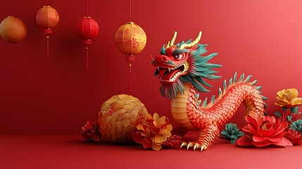 Naklejka premium Bold and Vibrant Red and Gold Chinese New Year Dragon Leading a Festive with Joy and Energetic Presence