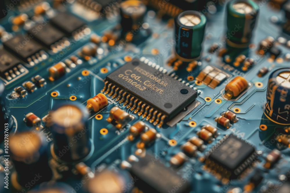 Poster a close-up of a circuit board with many electronic components.