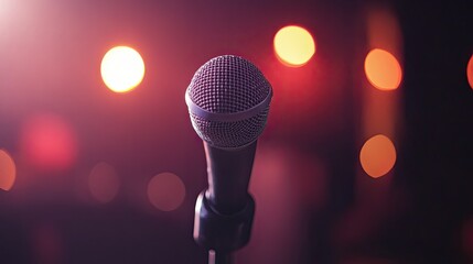 Close-up of a microphone on a stand at a concert, no people, with room for text