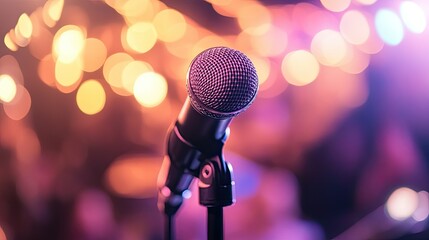 Obraz premium Close-up of a microphone on a stand at a concert, no people, with room for text