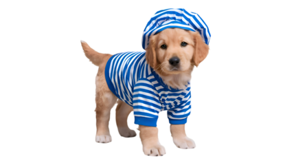 Backgroundless cutout of a happy golden retriever puppy wearing a sailor suit