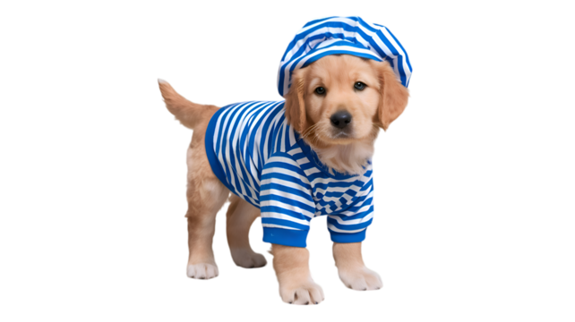 Backgroundless cutout of a happy golden retriever puppy wearing a sailor suit