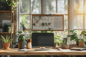 A board with post-it notes reporting work progress sits on a table in a modern office.