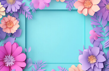 Flowers frame a background with a empty square in the middle for text in a flat design style. 