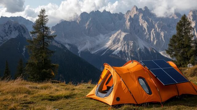 Camping in mountains with a solar-powered tent amidst stunning mountain scenery at sunrise