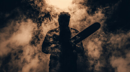 A close-up silhouette of a menacing man gripping a chainsaw, surrounded by swirling dark smoke, evoking a terrifying atmosphere reminiscent of a Friday the 13th horror scene