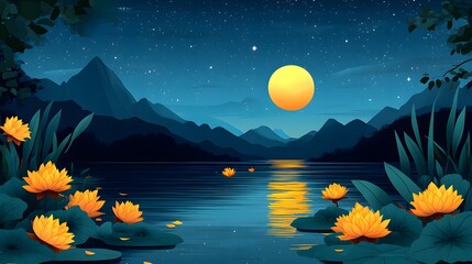 Elegant Loi Krathong scene with decorated krathongs floating under a full moon in a peaceful river