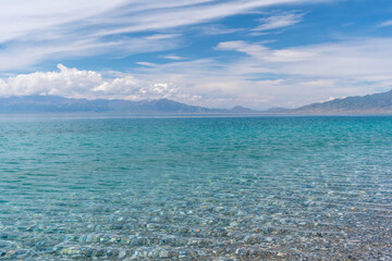 Beautiful sayram lake with blue sky in summer in Xinjiang, China