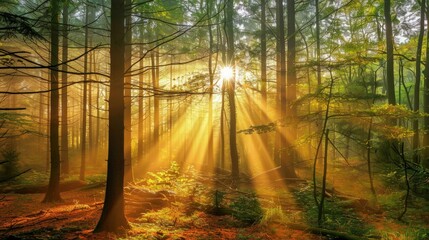 Obraz premium Sunlight Filtering Through a Misty Forest