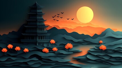 Papercut vector design of a serene Loi Krathong night with traditional Thai elements and krathongs