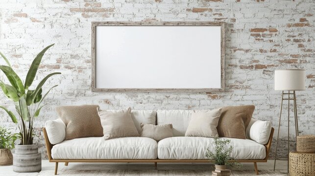 A crisp image capturing a blank frame mockup, hanging on a whitewashed brick wall, complemented by Scandinavian-style furnishings and soft, natural lighting that emphasizes simplicity and elegance