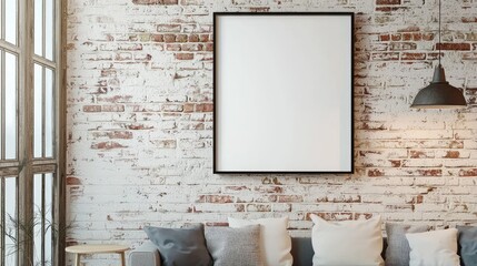 A crisp image capturing a blank frame mockup, hanging on a whitewashed brick wall, complemented by Scandinavian-style furnishings and soft, natural lighting that emphasizes simplicity and elegance