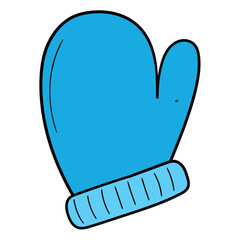 Hand drawn cartoon blue warm mitten on white background.