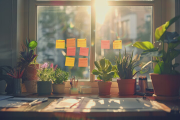 Fototapeta premium A board with post-it notes reporting work progress sits on a table in a modern office.