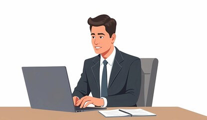 Illustration of a businessman sitting facing a laptop on a white background. Generate AI